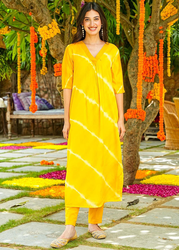 2 Pc Yellow Readymade Silk Kurti Set Sale Comfortable