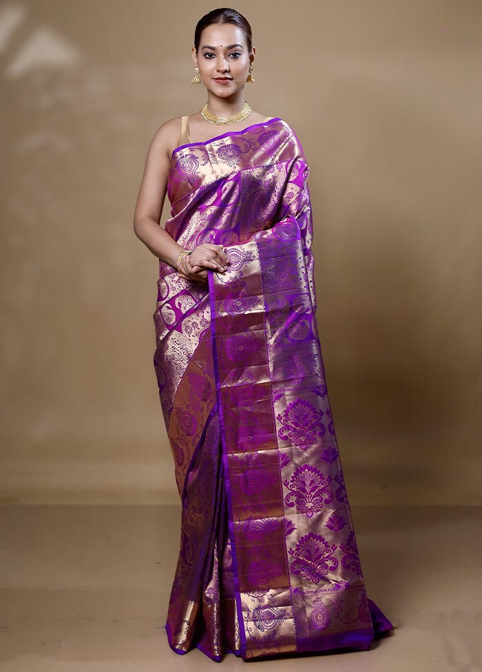 Purple Handloom Kanjivaram Pure Silk Saree With Blouse Piece Genuine Cheap Pice