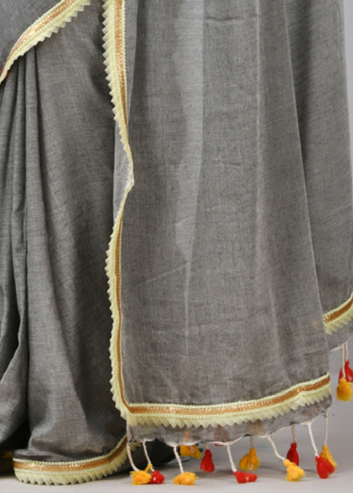 Grey Cotton Solid Saree Without Blouse Piece Cheap Sale 100% Guaranteed