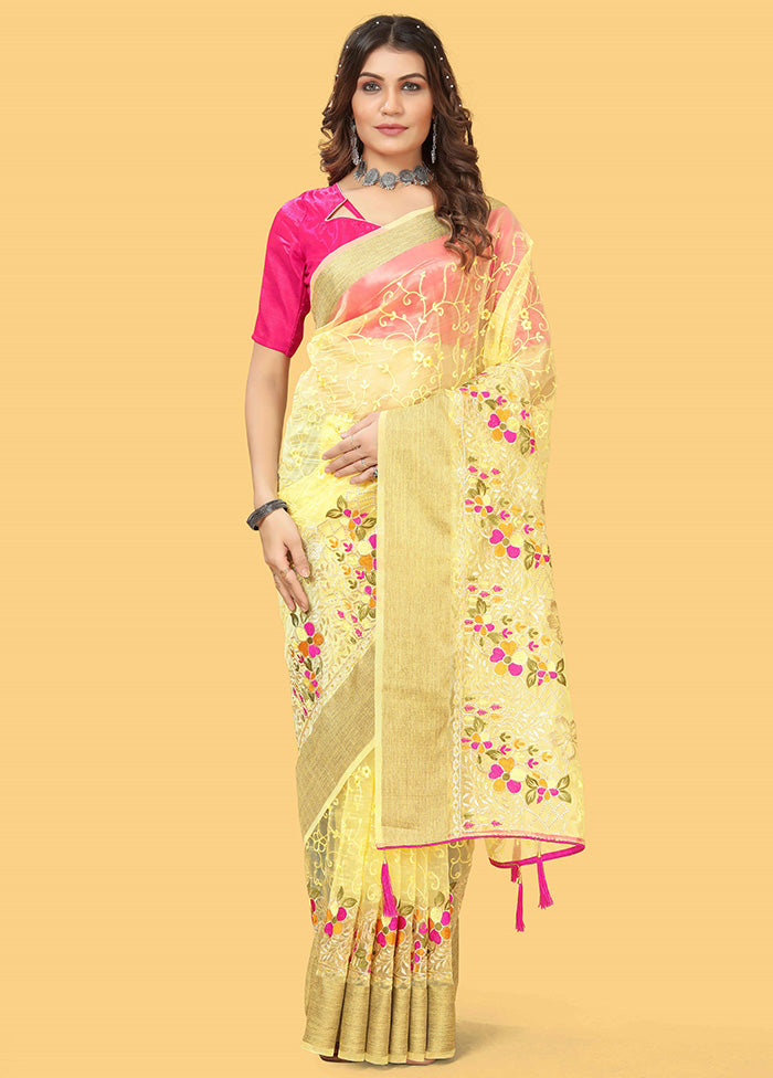 Yellow Organza Saree With Blouse Piece Free Shipping For Sale