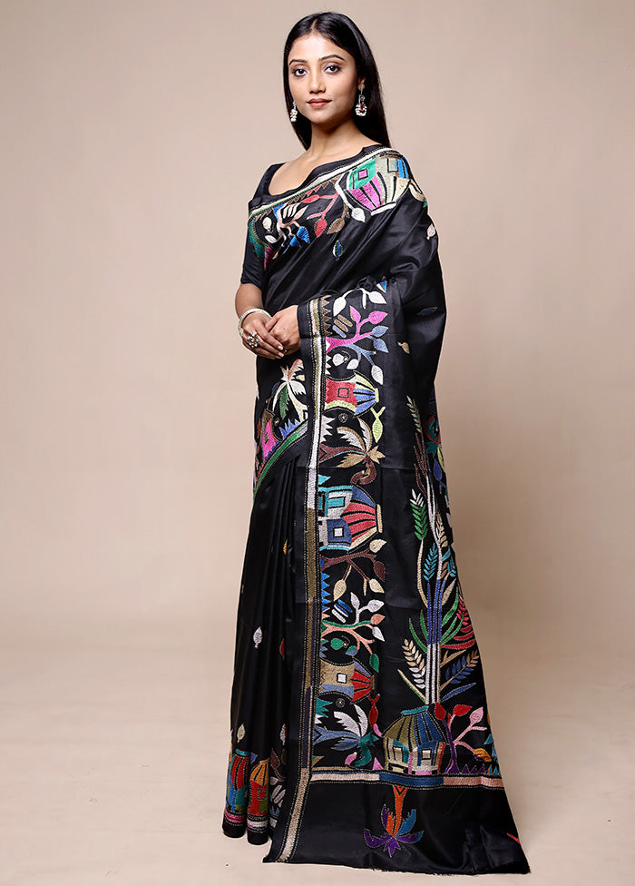 Black Handloom Kantha Stitch Pure Silk Saree With Blouse Piece Get To Buy Cheap Online