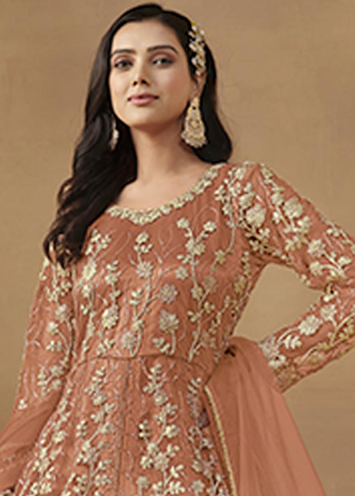 3 Pc Dark Peach Semi Stitched Net Suit Set Cost For Sale