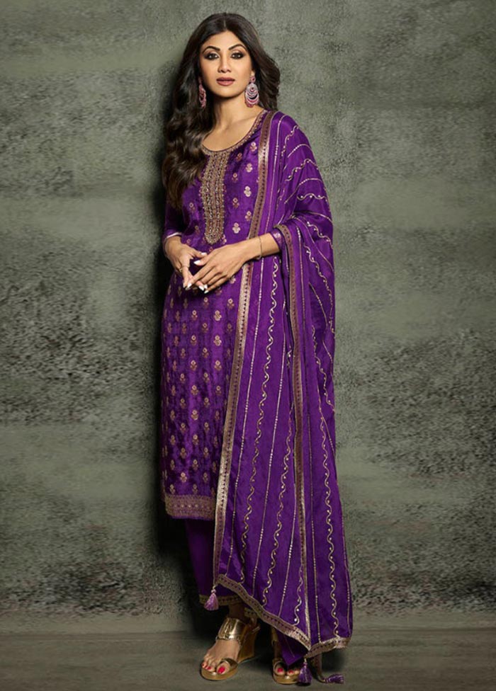 3 Pc Purple Semi Stitched Viscose Suit Set Buy Cheap Latest