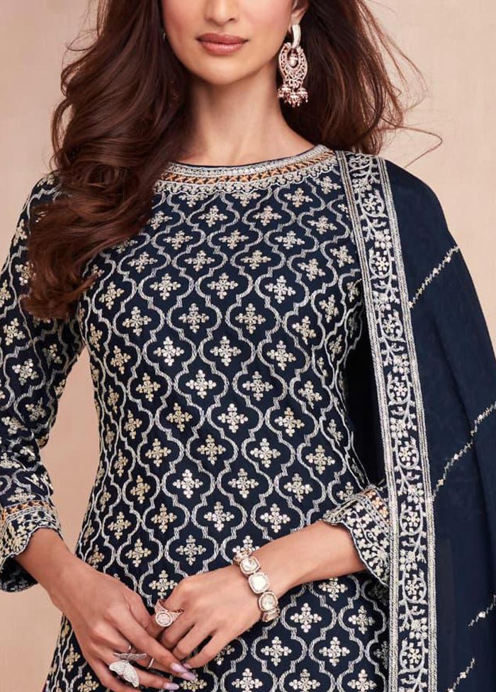 3 Pc Navy Blue Semi Stitched Silk Suit Set Cheap Sale Professional