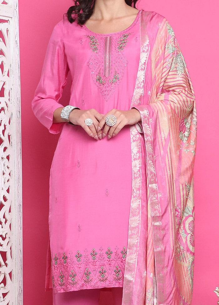 3 Pc Pink Unstitched Silk Suit Set Sale With Mastercard