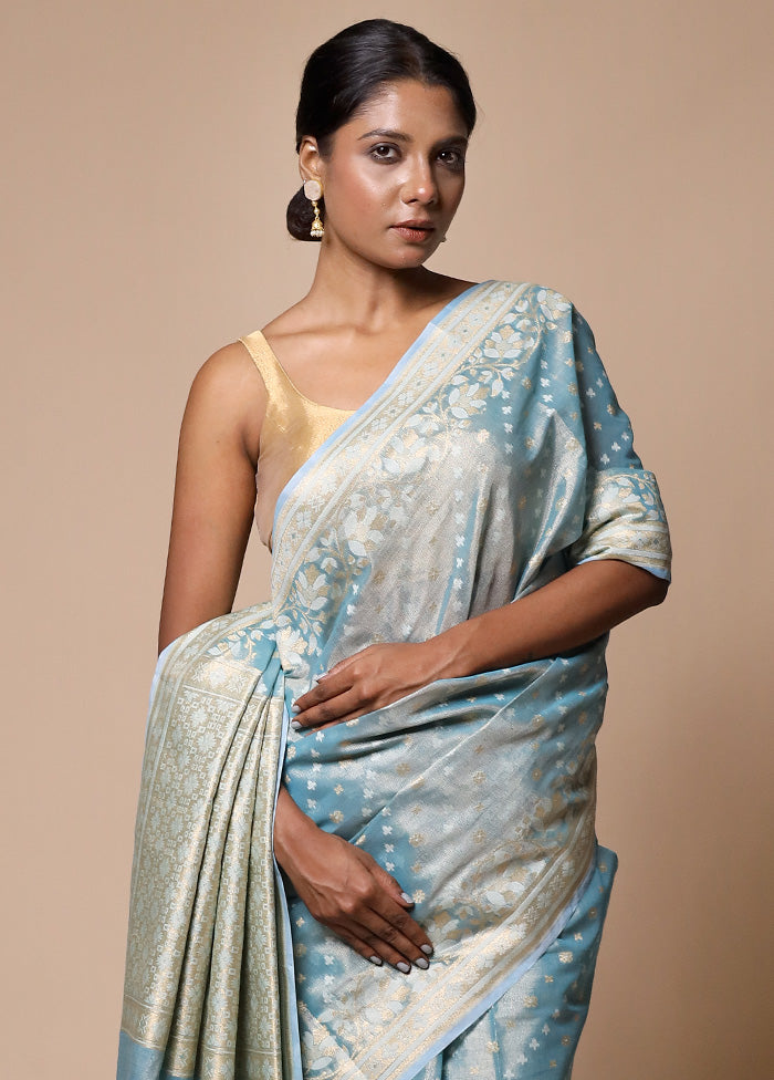 Blue Tissue Silk Saree With Blouse Piece Cheap Sale Outlet Locations