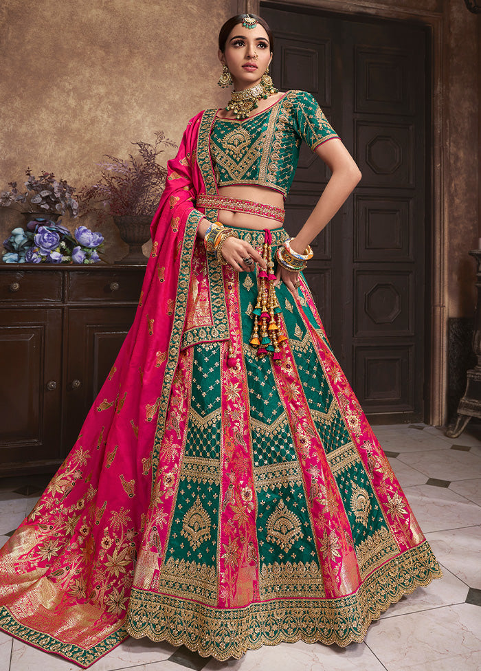 3 Pc Green Silk Semi Stitched Lehenga Set Cheap Sale Pick A Best