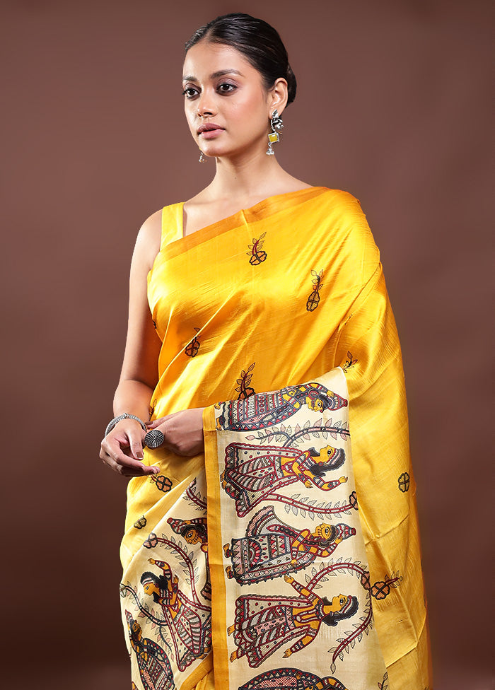 Yellow Printed Pure Silk Saree Without Blouse Piece Cheap Sale Brand New Unisex