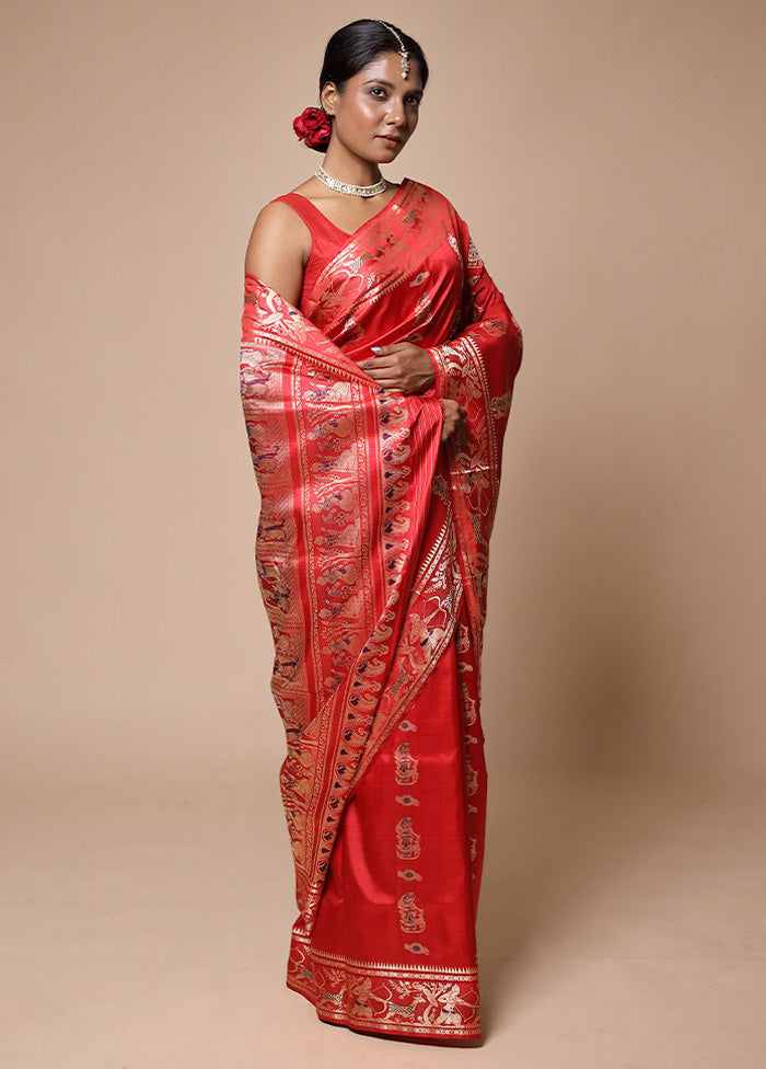 Red Handloom Baluchari Pure Silk Saree With Blouse Piece Clearance Exclusive