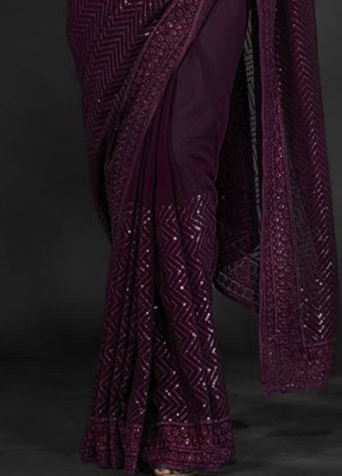 Wine Georgette Saree With Blouse Piece Outlet Low Pice