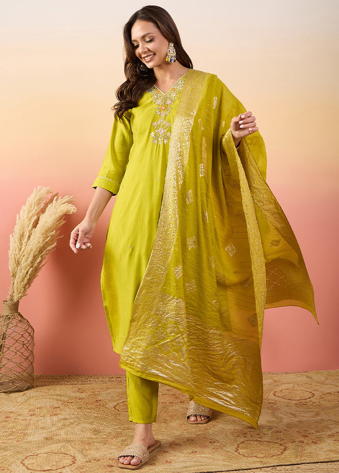 3 Pc Yellow Pure Readymade Silk Suit Set Cheap Sale 2025 Unisex