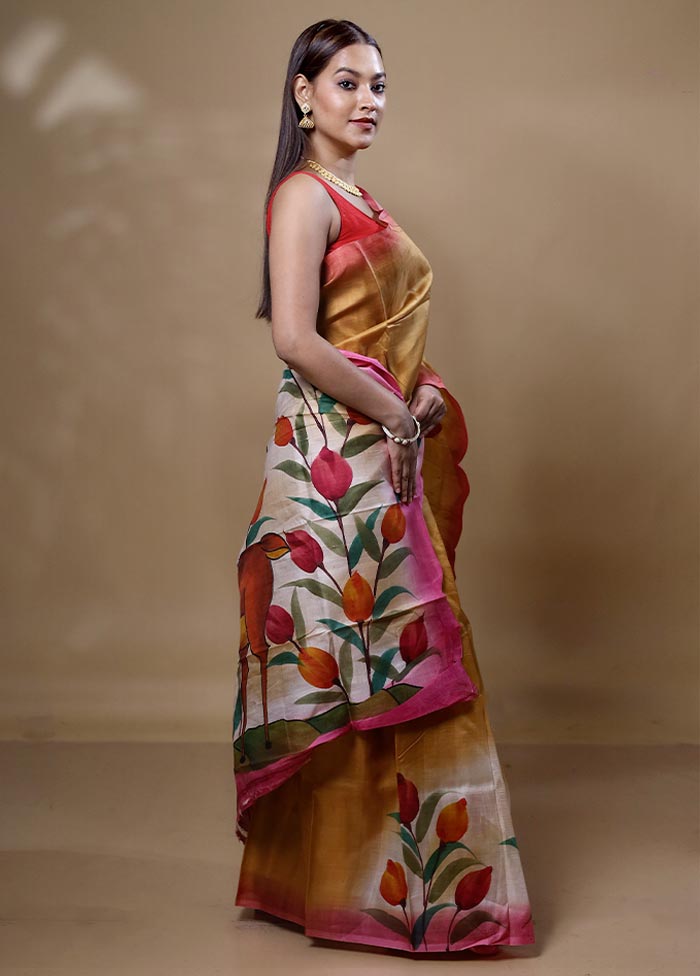 Yellow Printed Pure Silk Saree Without Blouse Piece Visit New Cheap Pice