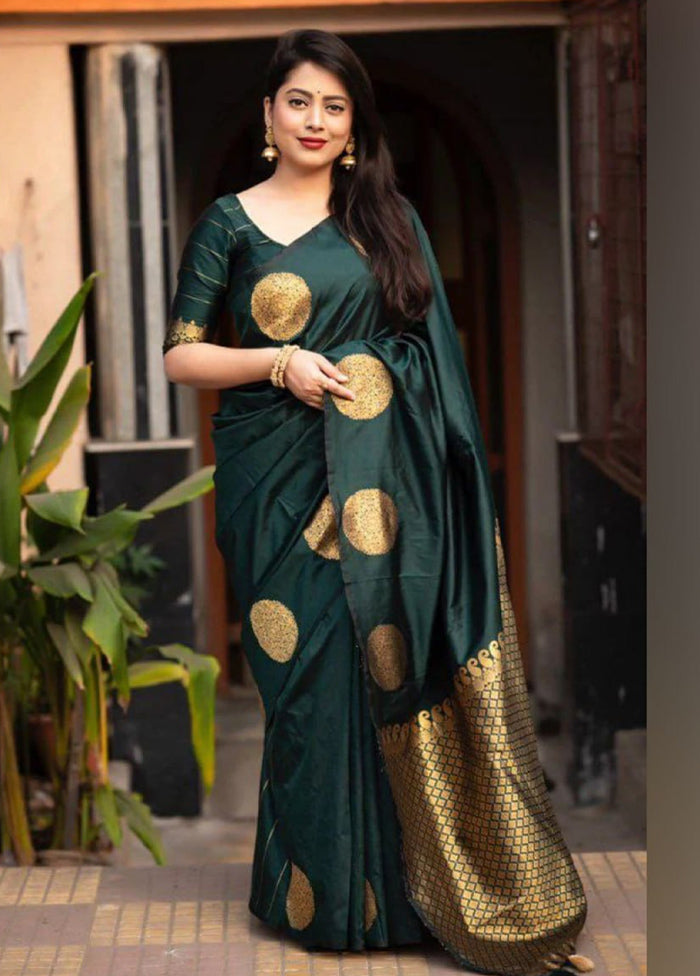 Dark Green Banarasi Silk Saree With Blouse Piece Best Wholesale Cheap Pice