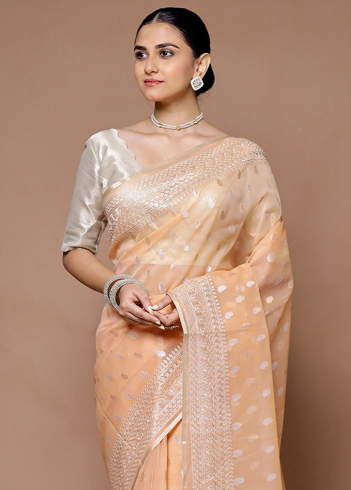 Peach Organza Saree With Blouse Piece Cheap Geniue Stockist