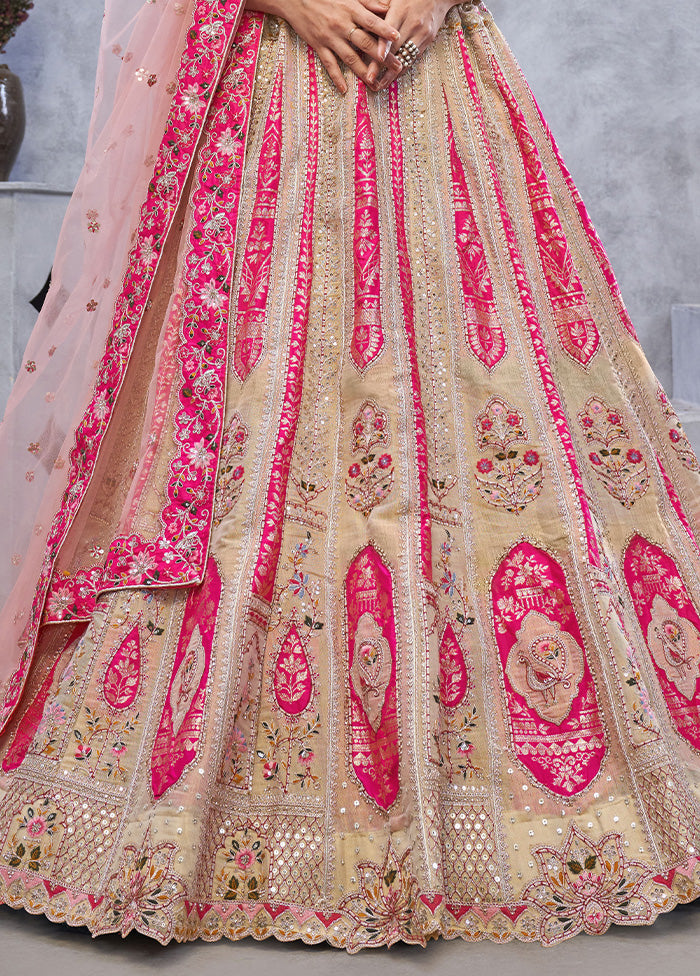 3 Pc Beige Silk Semi Stitched Lehenga Set Outlet Cheap Pice