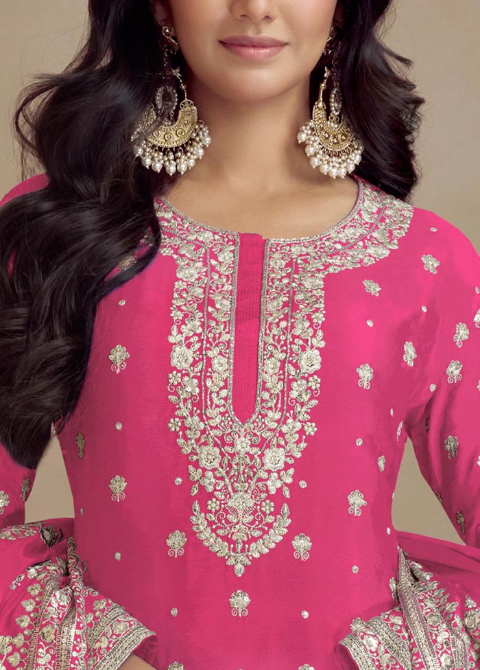 3 Pc Pink Semi Stitched Silk Suit Set For Sale Online