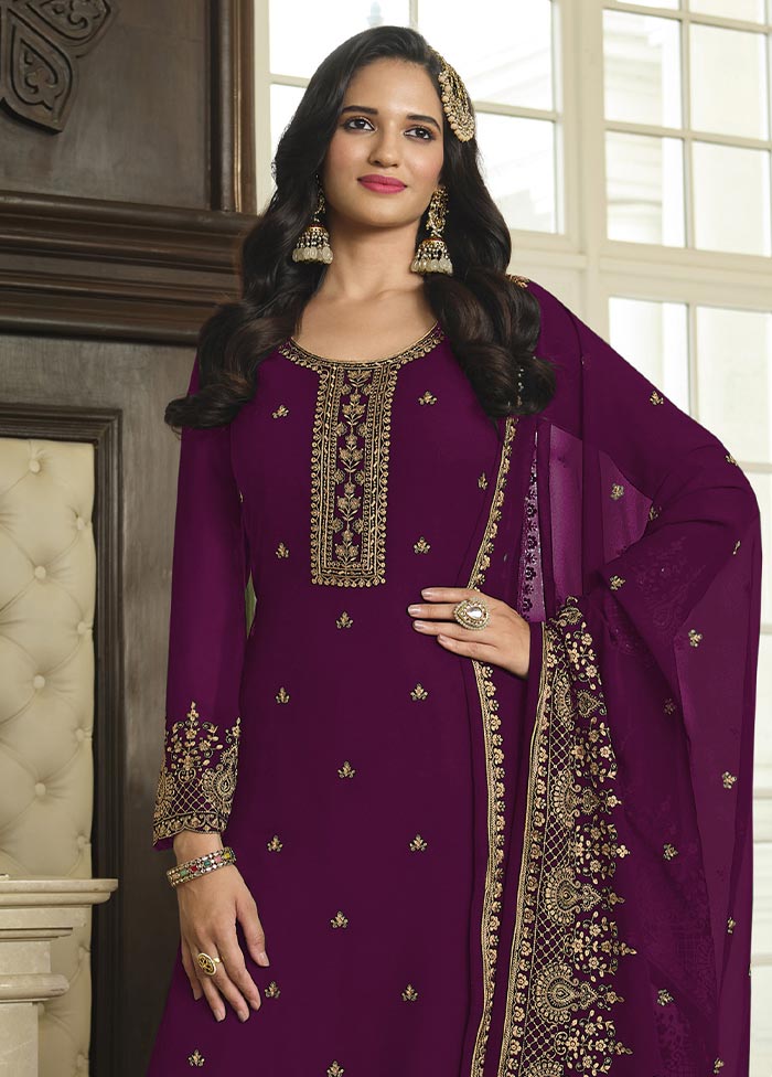 3 Pc Purple Semi Stitched Georgette Suit Set In China