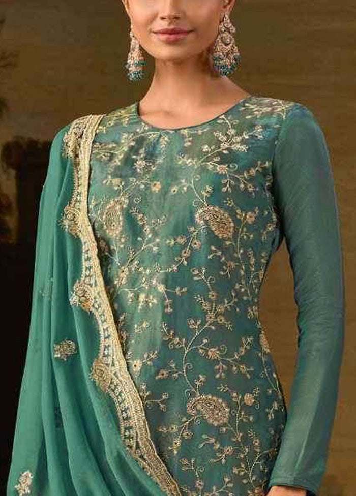 3 Pc Green Semi Stitched Silk Suit Set Free Shipping Shop For