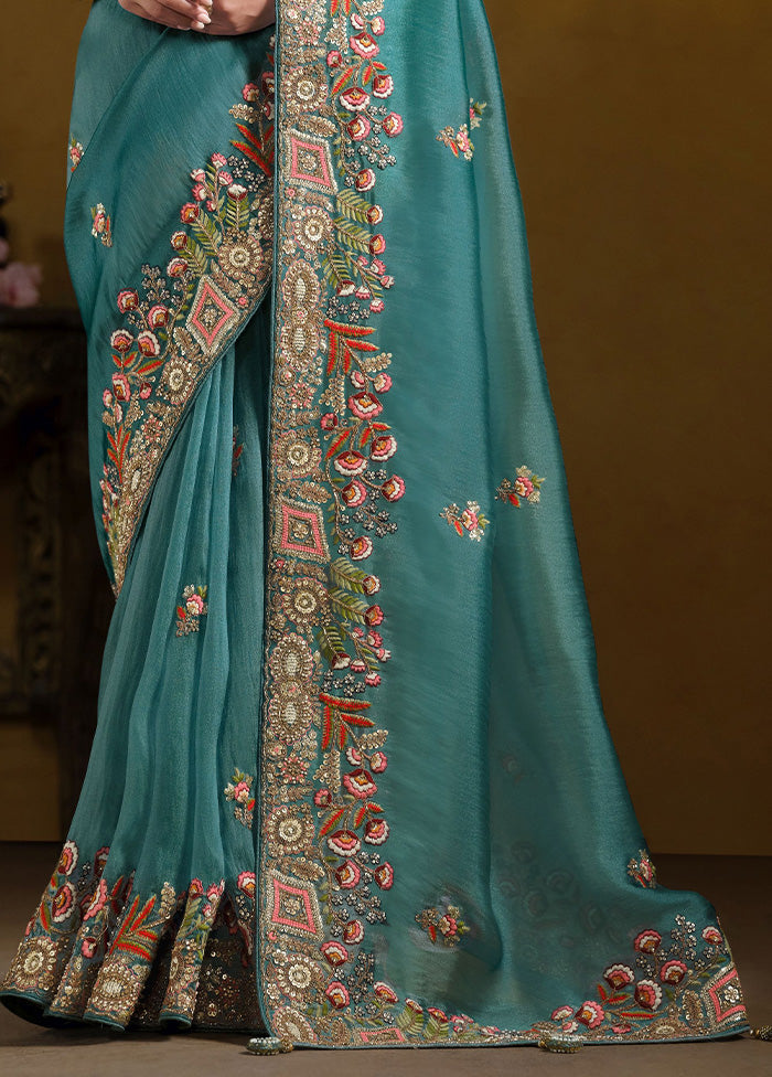 Teal Blue Spun Pure Silk Saree With Blouse Piece Fake Cheap Online