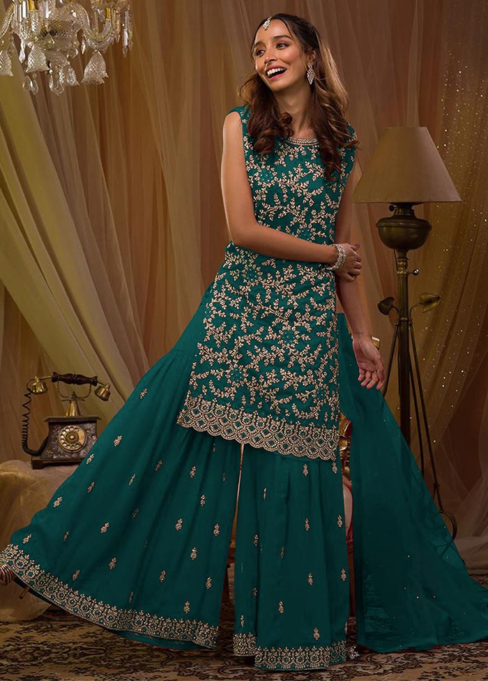 3 Pc Teal Semi Stitched Georgette Suit Set Great Deals Sale Online