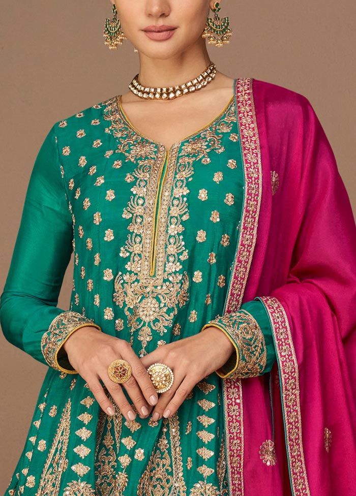 3 Pc Rama Green Semi Stitched Georgette Suit Set Under 70 Dollars