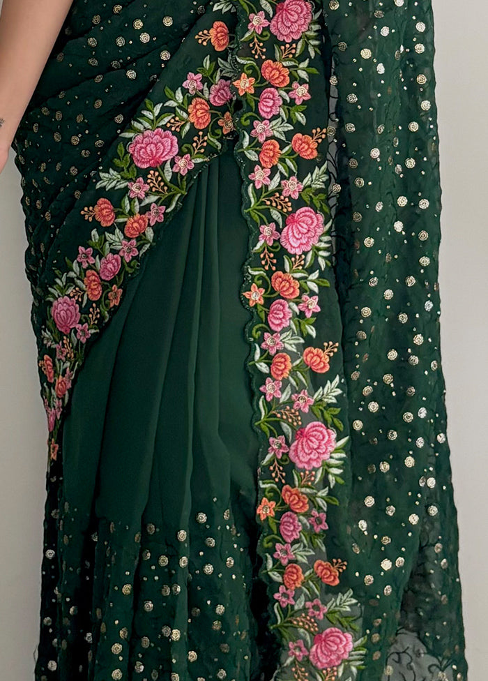 Dark Green Georgette Saree With Blouse Piece Best Place