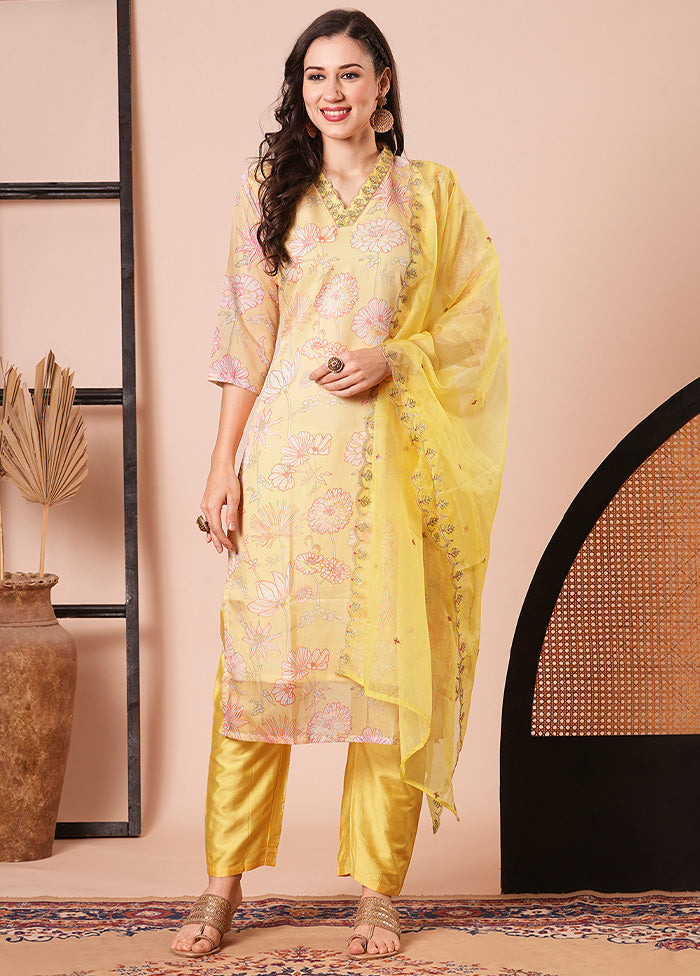 3 Pc Yellow Readymade Silk Dupatta Suit Set Best