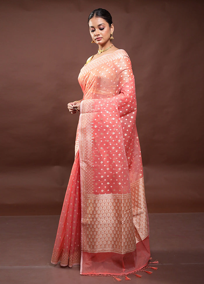 Peach Kora Silk Saree With Blouse Piece Discount Classic