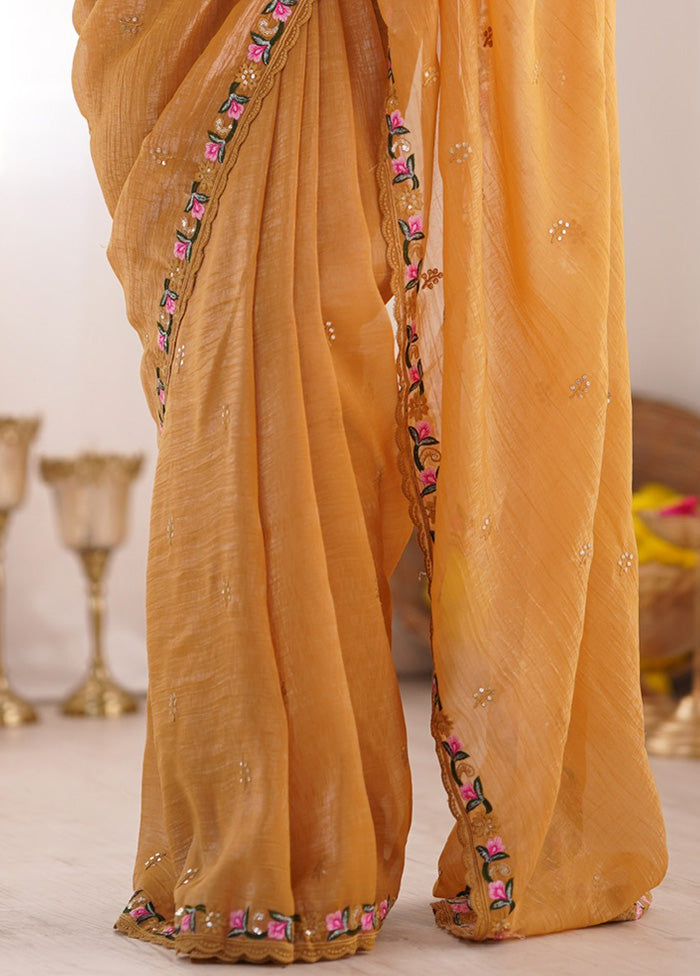 Mustard Spun Silk Saree With Blouse Piece Discount Looking For