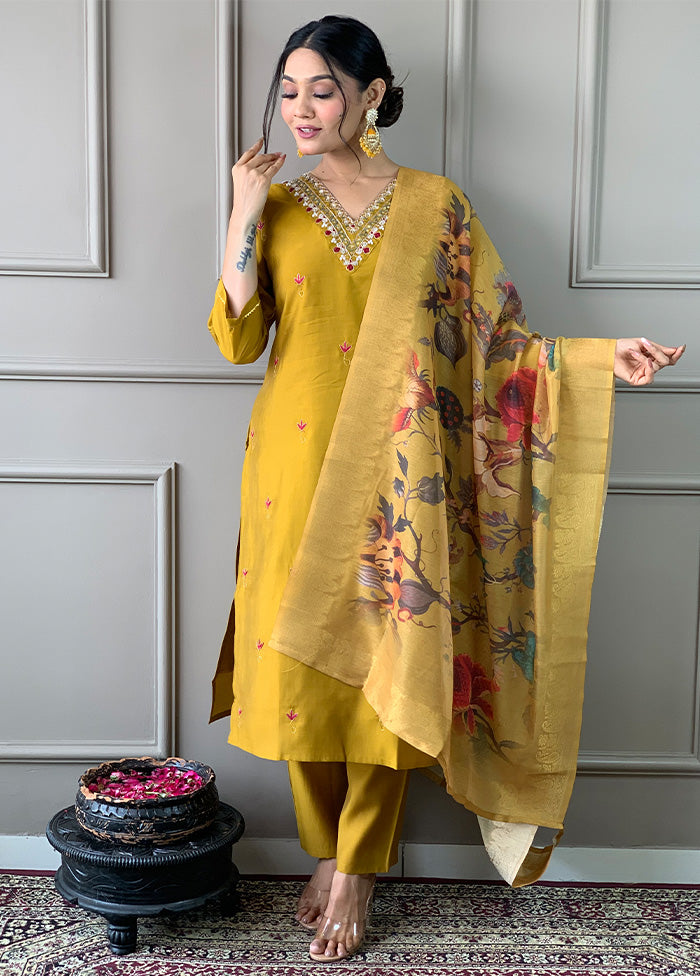 3 Pc Mustard Readymade Chanderi Dupatta Suit Set Cheap Best Place