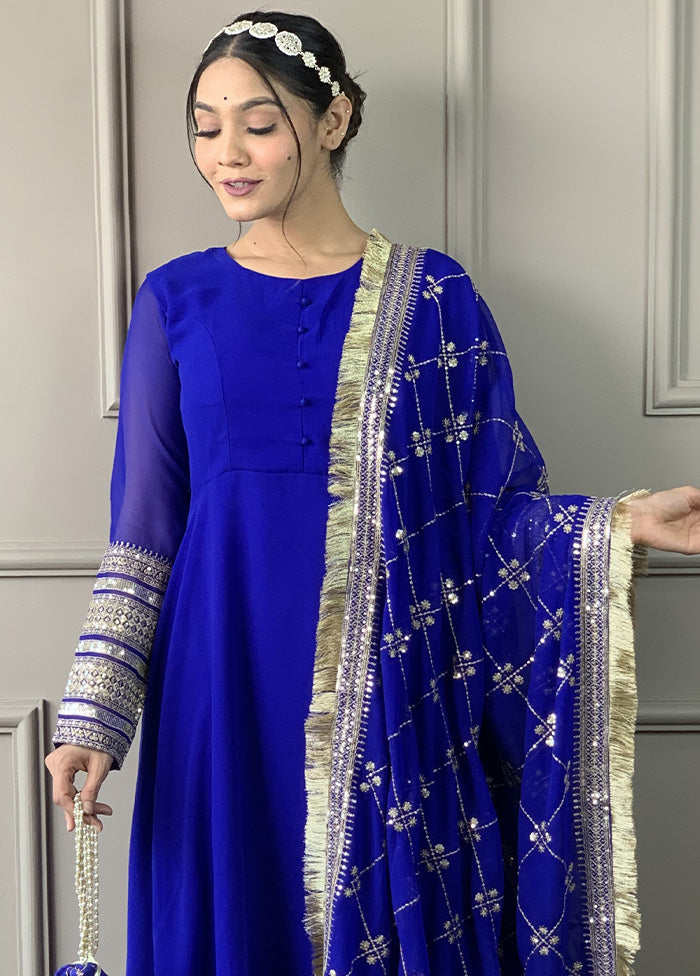 3 Pc Blue Readymade Georgette Dupatta Suit Set Outlet Online