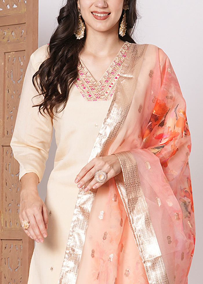 3 Pc Peach Readymade Chanderi Dupatta Suit Set Cheap View