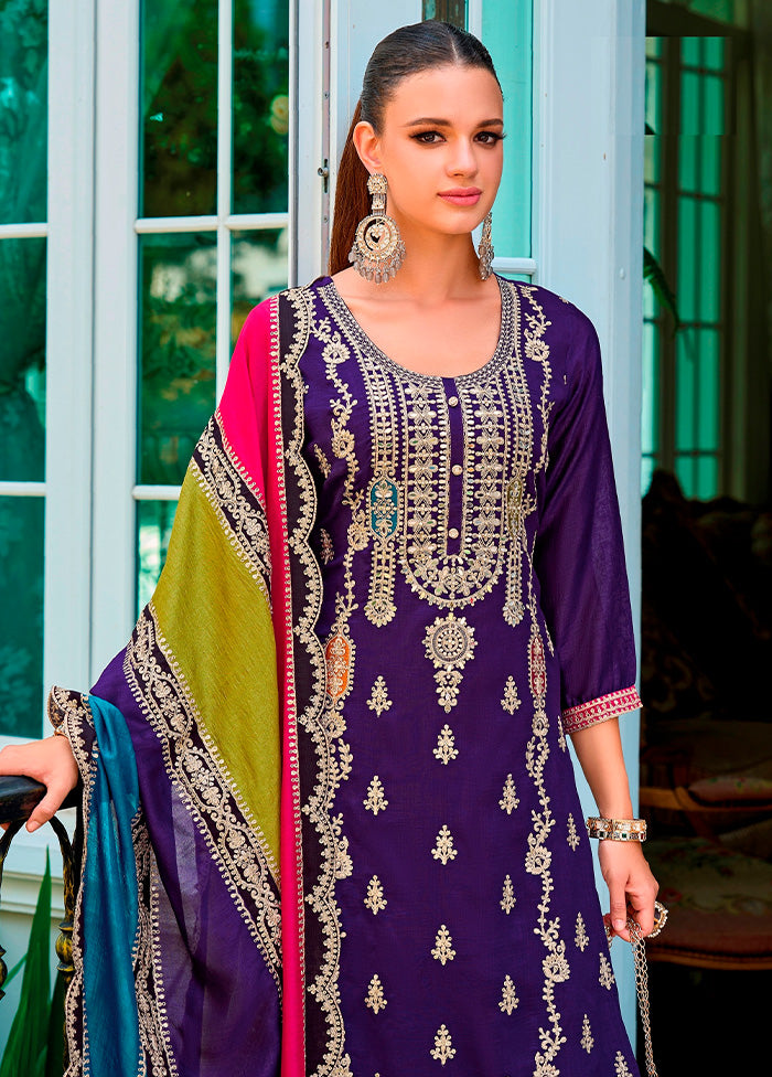 3 Pc Purple Semi Stitched Silk Suit Set Amazon Cheap Pice