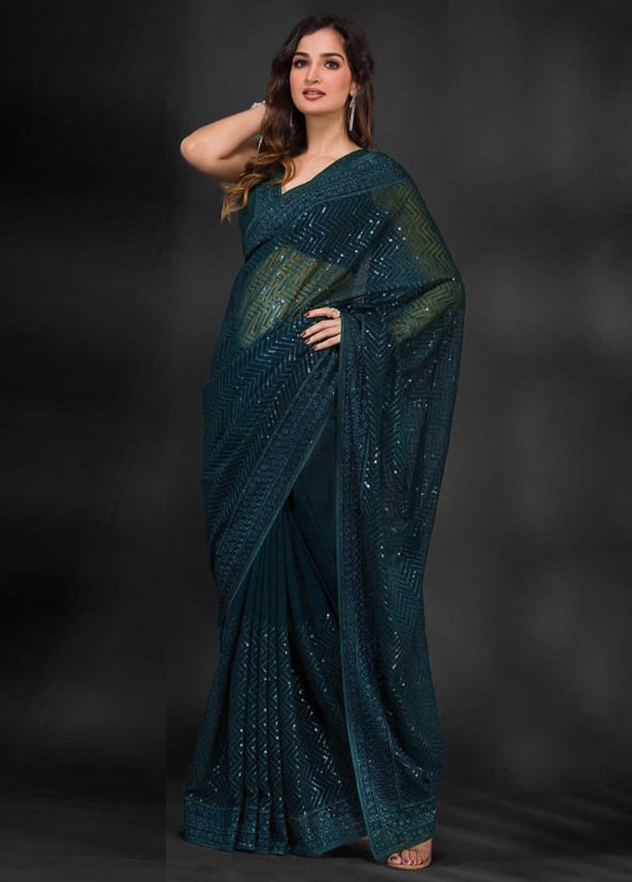 Teal Georgette Saree With Blouse Piece Buy Cheap Clearance Store