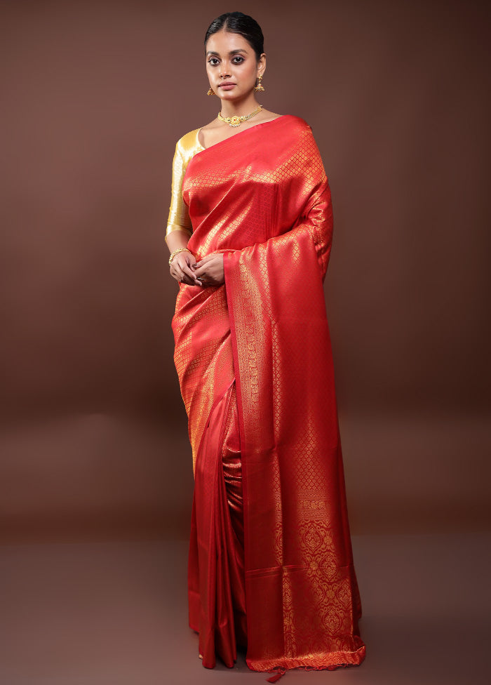 Red Dupion Silk Saree With Blouse Piece Discount High Quality