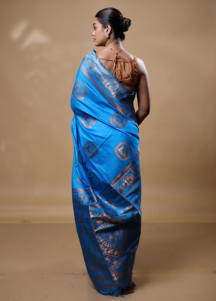 Blue Dupion Silk Saree With Blouse Piece Very Cheap Sale Online