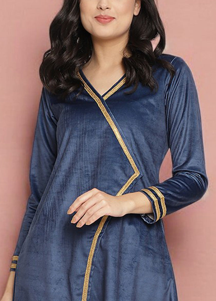 2 Pc Navy Blue Readymade Velvet Kurti Set Stockist Online