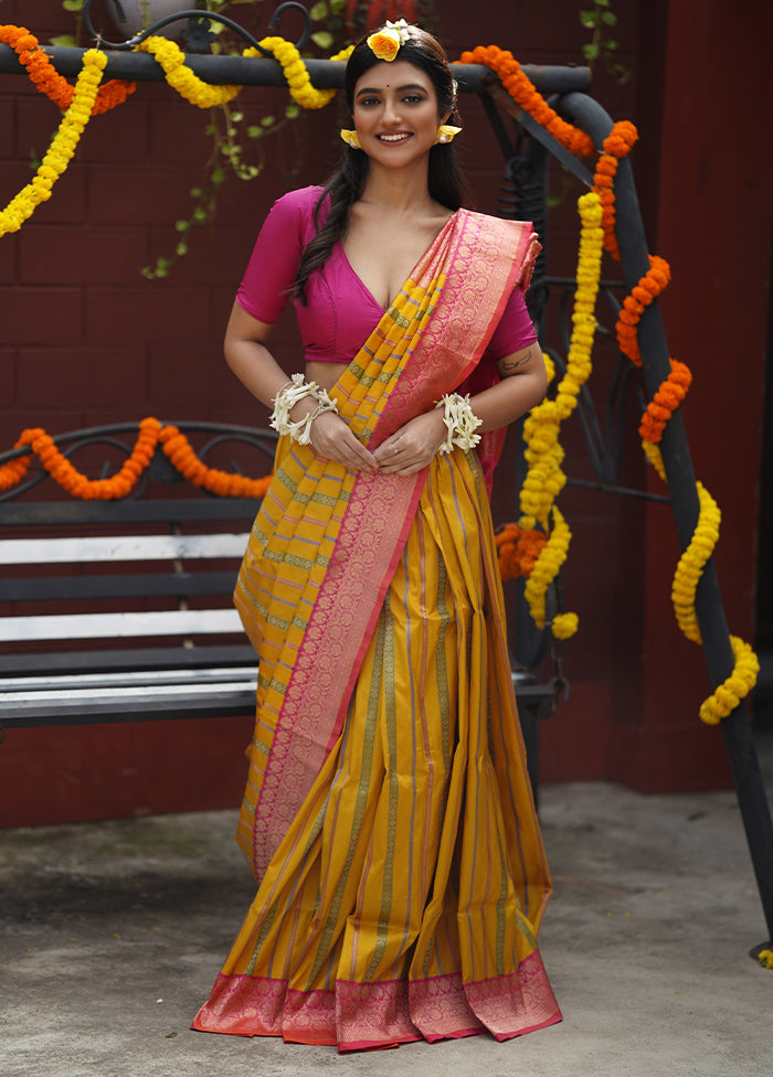 Yellow Handloom Katan Pure Silk Saree With Blouse Piece Clearance 100% Original