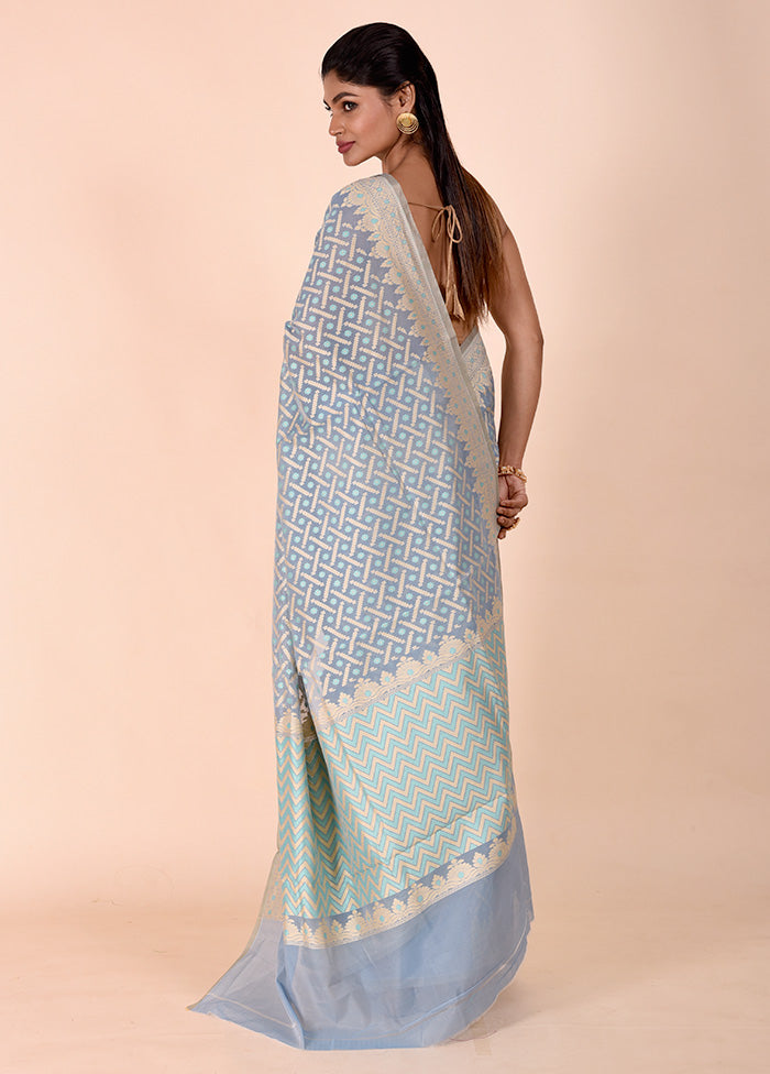 Blue Kora Silk Saree With Blouse Piece Brand New Unisex Cheap Online