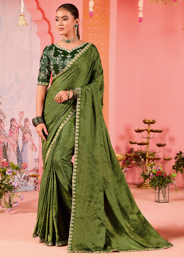 Olive Green Satin Silk Saree With Blouse Piece Cheap Sale 2025 New