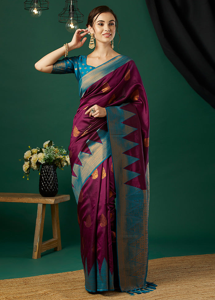 Wine Banarasi Silk Saree With Blouse Piece Footlocker Pictures Sale Online