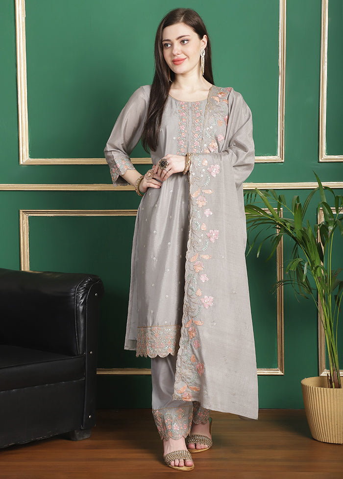 3 Pc Grey Unstitched Silk Suit Set Quality Original