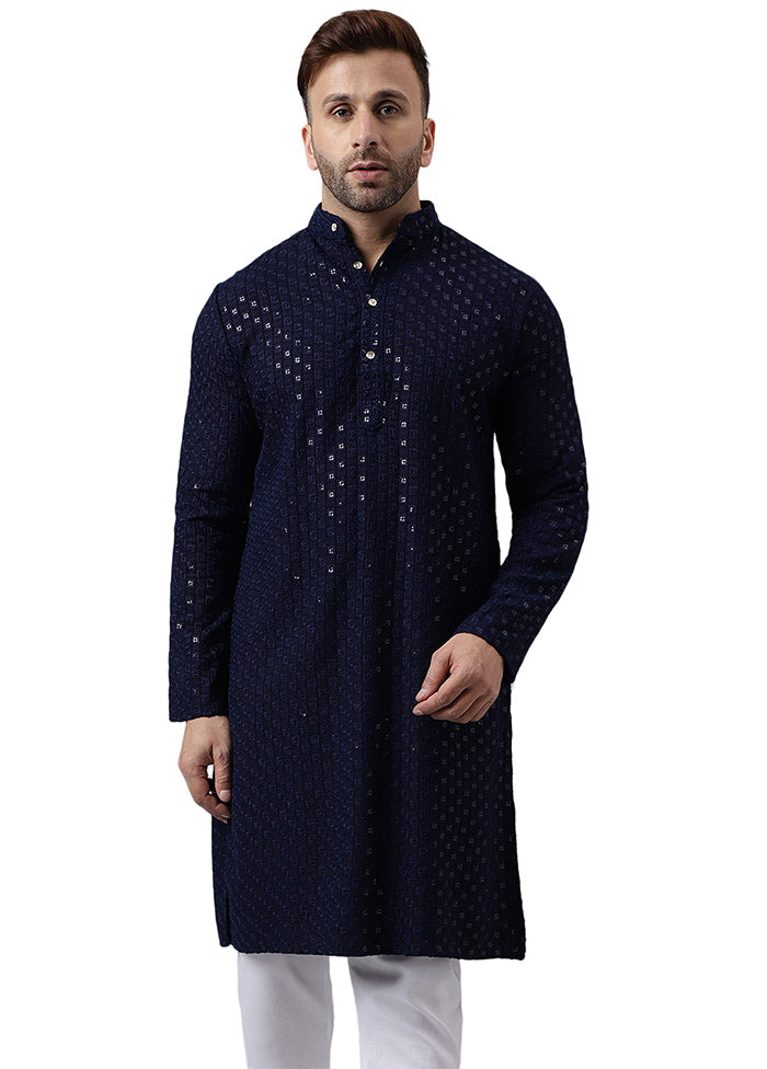 Navy Blue Silk Embroidered Kurta Cheap Sale Exclusive