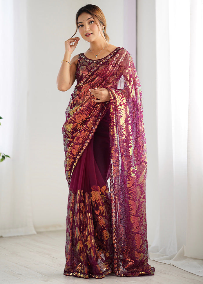 Wine Net Net Saree With Blouse Piece Sale Professional