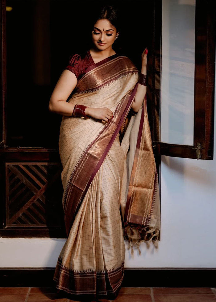 Cream Banarasi Silk Saree With Blouse Piece Discount From China