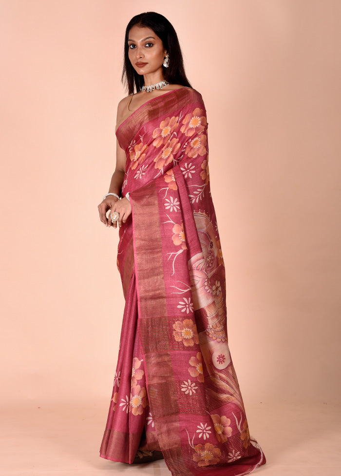 Pink Handloom Tussar Pure Silk Saree With Blouse Piece Deals