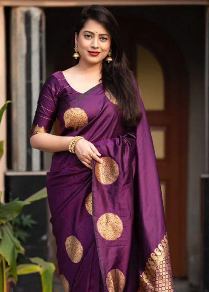 Wine Banarasi Silk Saree With Blouse Piece Big Discount Online