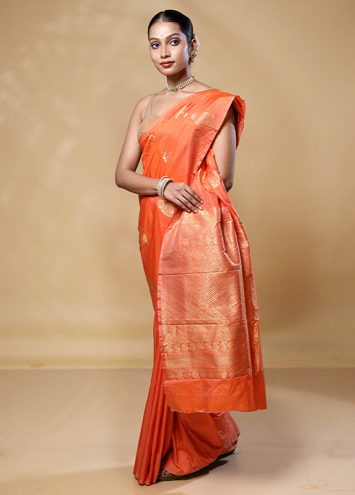 Orange Kanjivaram Silk Saree With Blouse Piece Shop For Sale