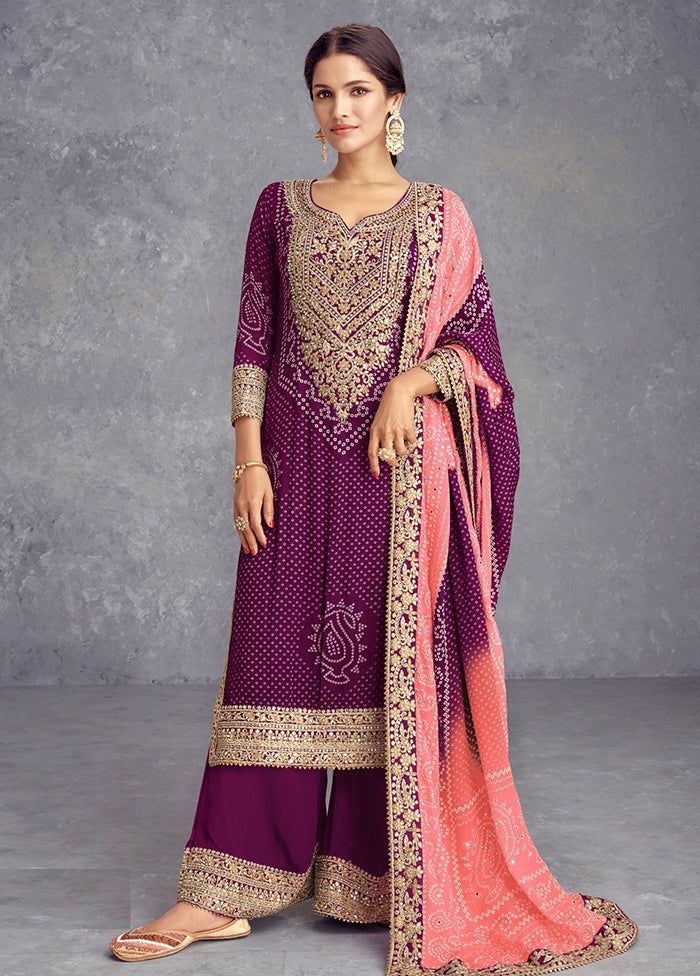 3 Pc Purple Semi Stitched Silk Suit Set Discount High Quality