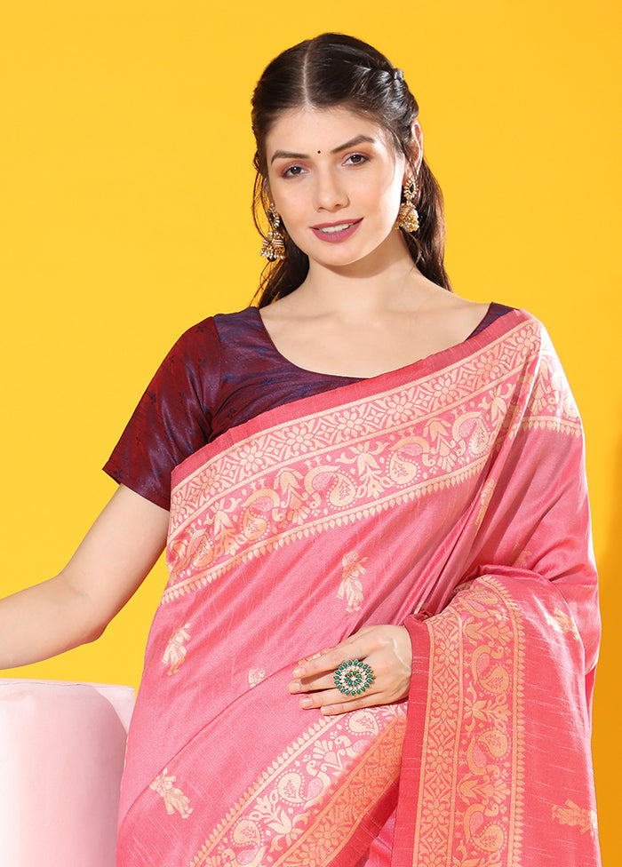 Pink Spun Silk Saree With Blouse Piece Sale 100% Authentic